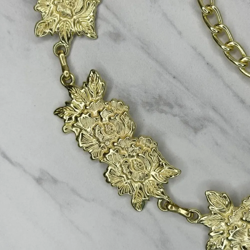 Floral Gold Tone Rose Chain Link Belt One Size (OS) ✨